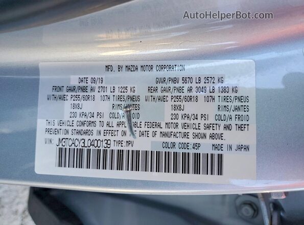 JM3TCACY3L0400139 2020 MAZDA CX-9 Silver VIN sticker view