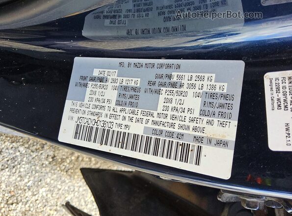 JM3TCADY0H0138103 2017 MAZDA CX-9 Blue Vista del compartimento del motor