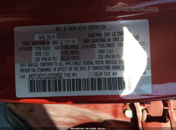 JM3TCADY3J0232692 2018 MAZDA CX-9 Красный Вид подкапотного пространства
