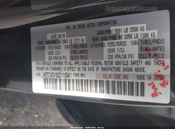 JM3TCADY8G0118941 2016 MAZDA CX-9 Gray Շարժիչի բաժամունքի տեսք