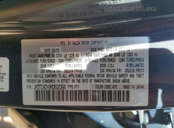 JM3TCADY8M0508398 2021 MAZDA CX-9 Blue VIN կոդի պիտակի տեսք