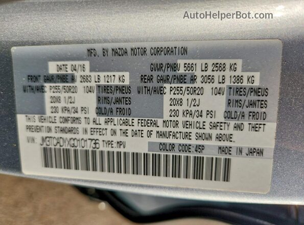 JM3TCADYXG0101736 2016 MAZDA CX-9 Silver VIN կոդի պիտակի տեսք