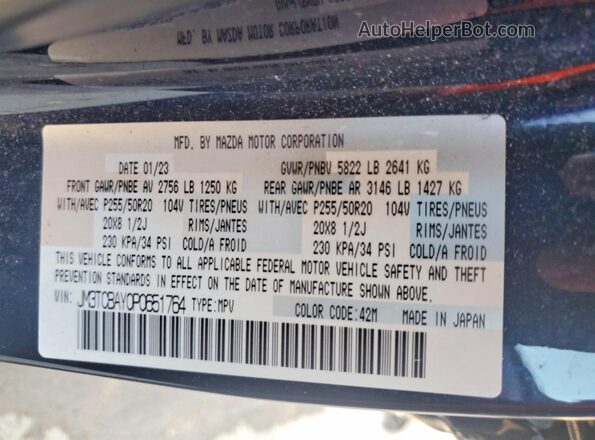 JM3TCBAY0P0651764 2023 MAZDA CX-9 Синий Вид наклейки с VIN-кодом