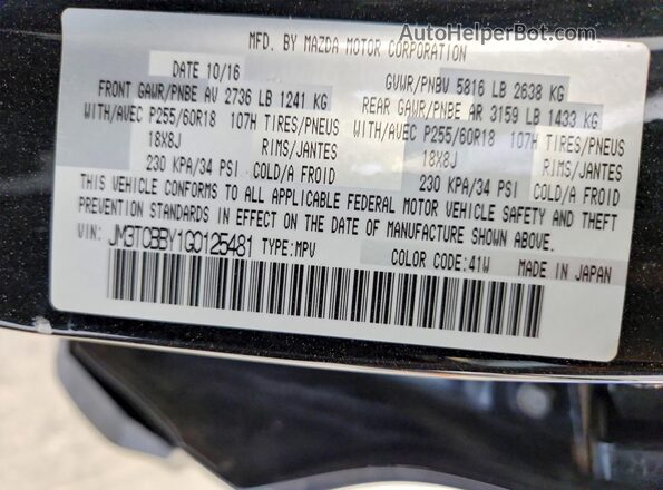 JM3TCBBY1G0125481 2016 MAZDA CX-9 Black Widok naklejki z numerem VIN