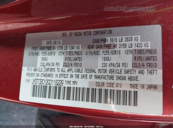 JM3TCBCY2G0118229 2016 MAZDA CX-9 Red Շարժիչի բաժամունքի տեսք