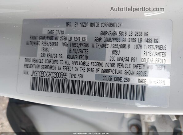 JM3TCBCY2K0300585 2019 MAZDA CX-9 White Engine compartment view