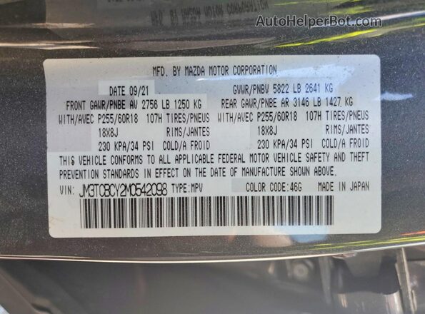 JM3TCBCY2M0542098 2021 MAZDA CX-9 Gray სალონის 360-გრადუსიანი ხედი
