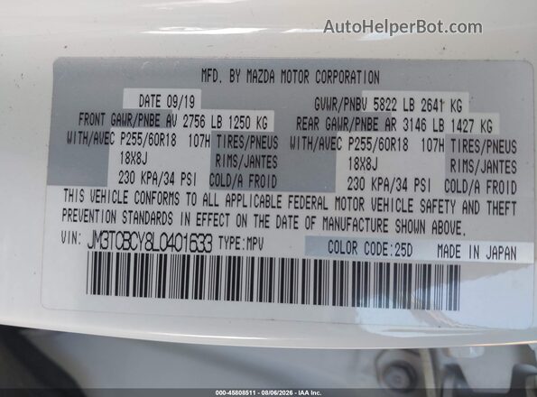 JM3TCBCY8L0401633 2020 MAZDA CX-9 White ძრავის განყოფილების ხედი
