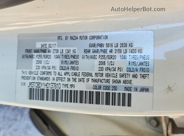 JM3TCBDY1H0137810 2017 MAZDA CX-9 White VIN կոդի պիտակի տեսք
