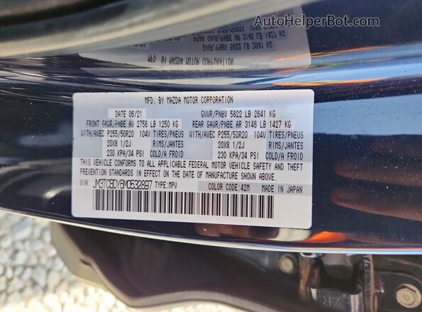 JM3TCBDY6M0532897 2021 MAZDA CX-9 Синий Вид наклейки с VIN-кодом
