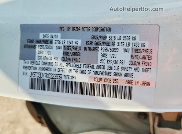 JM3TCBDY7K0323939 2019 MAZDA CX-9 White VIN կոդի պիտակի տեսք