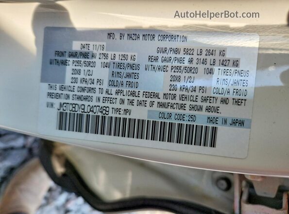 JM3TCBDY9L0407469 2020 MAZDA CX-9 White Widok wnętrza 360 stopni