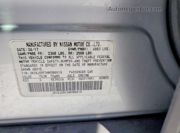 JN1BJ0RP3HM386619 2017 INFINITI QX50 Silver Vista de la etiqueta del VIN