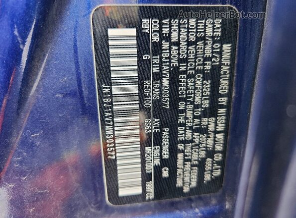 JN1BJ1AV7MW303577 2021 NISSAN ROGUE Blue VIN კოდის სტიკერის ხედი