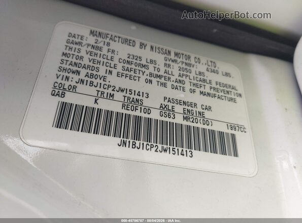 JN1BJ1CP2JW151413 2018 NISSAN ROGUE White Vista del compartimento del motor