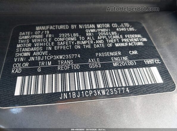 JN1BJ1CP3KW235774 2019 NISSAN ROGUE Gray Вид підкапотного простору