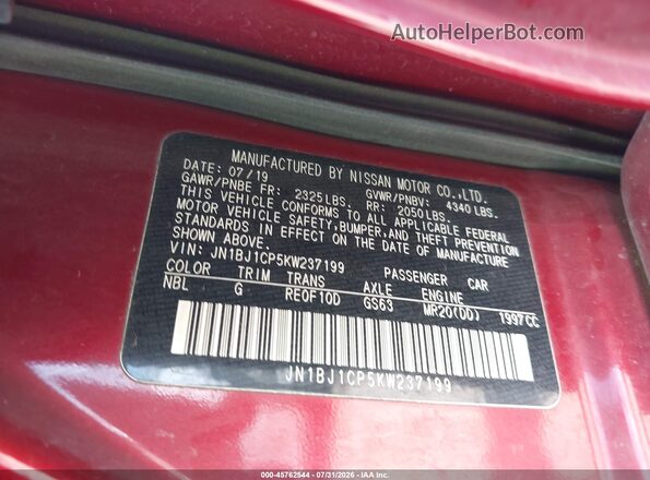 JN1BJ1CP5KW237199 2019 NISSAN ROGUE Red Widok komory silnika