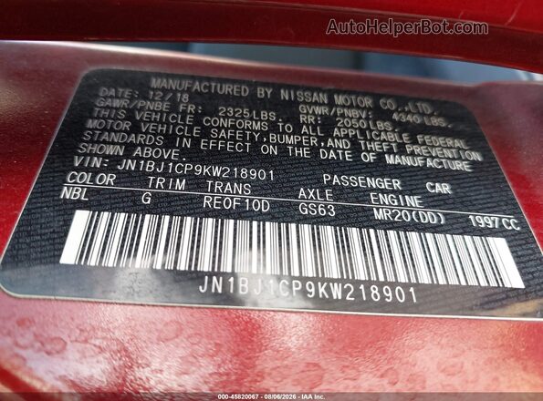 JN1BJ1CP9KW218901 2019 NISSAN ROGUE Burgundy Vista del compartimento del motor