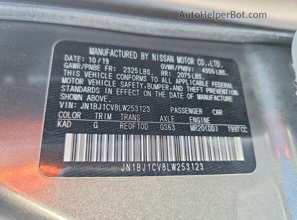JN1BJ1CV8LW253123 2020 NISSAN ROGUE Gray VIN კოდის სტიკერის ხედი