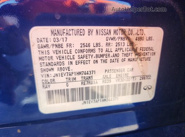 JN1EV7AP1HM744371 2017 INFINITI Q50 Blue Vista de la etiqueta del VIN
