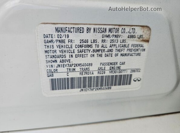 JN1EV7AP2KM540489 2019 INFINITI Q50 White Engine compartment view
