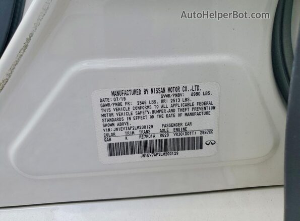 JN1EV7AP2LM200129 2020 INFINITI Q50 White VIN კოდის სტიკერის ხედი