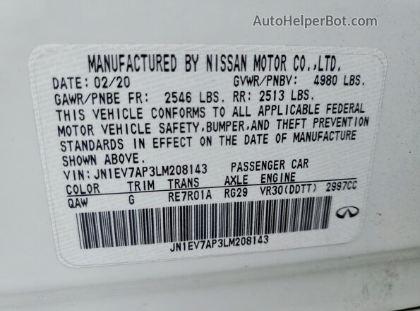 JN1EV7AP3LM208143 2020 INFINITI Q50 White VIN կոդի պիտակի տեսք