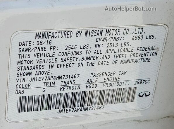 JN1EV7AP4HM731467 2017 INFINITI Q50 White Widok naklejki z numerem VIN
