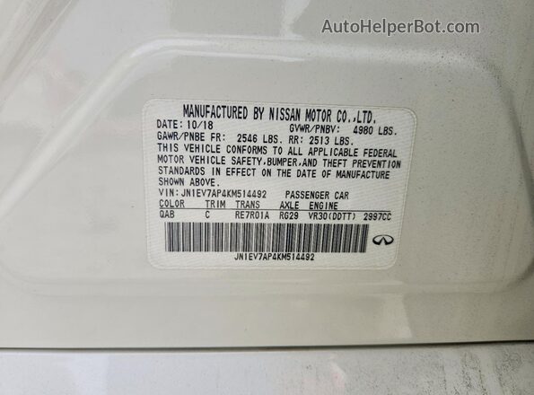 JN1EV7AP4KM514492 2019 INFINITI Q50 White Вид підкапотного простору