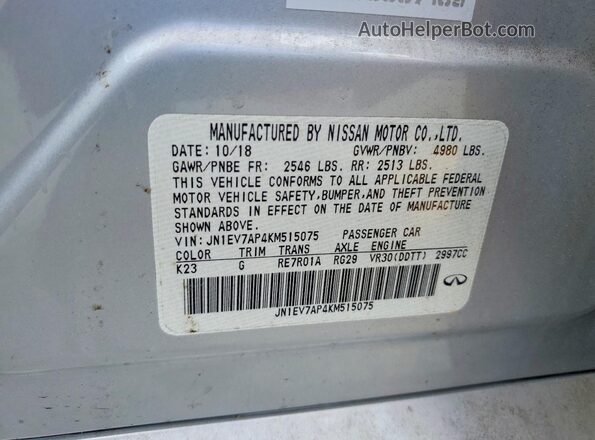 JN1EV7AP4KM515075 2019 INFINITI Q50 Silver Engine compartment view