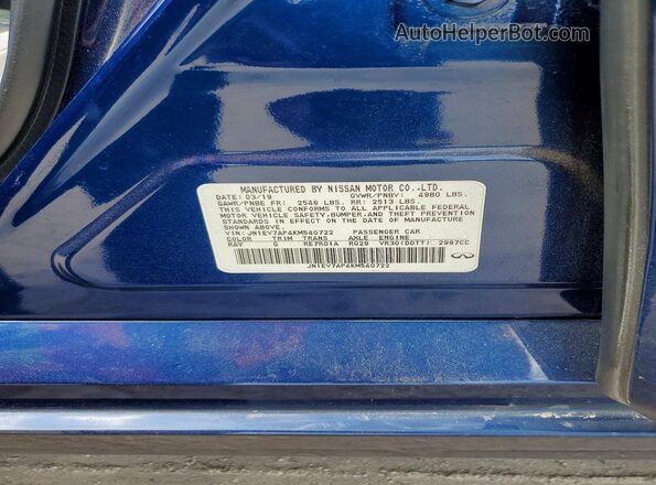 JN1EV7AP4KM540722 2019 INFINITI Q50 Blue VIN կոդի պիտակի տեսք