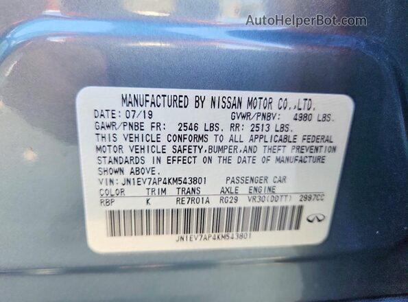 JN1EV7AP4KM543801 2019 INFINITI Q50 Blue Vista del compartimento del motor
