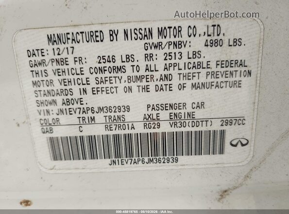 JN1EV7AP6JM362939 2018 INFINITI Q50 White Engine compartment view