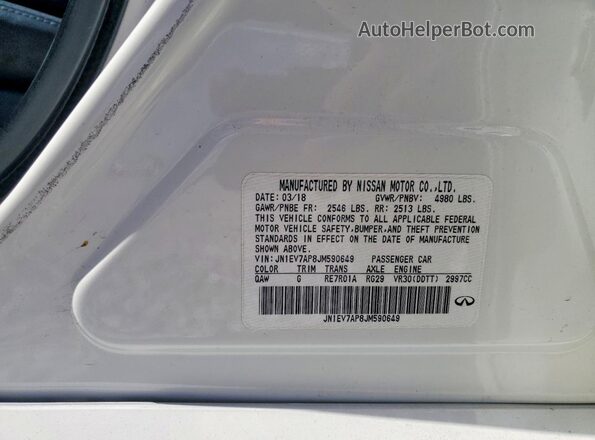 JN1EV7AP8JM590649 2018 INFINITI Q50 White VIN კოდის სტიკერის ხედი