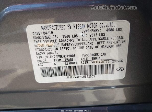 JN1EV7AP8KM542005 2019 INFINITI Q50 Gray Вид підкапотного простору