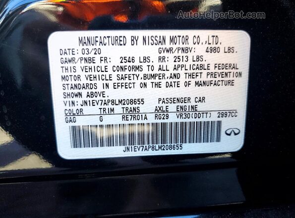 JN1EV7AP8LM208655 2020 INFINITI Q50 Black Vista de la etiqueta del VIN
