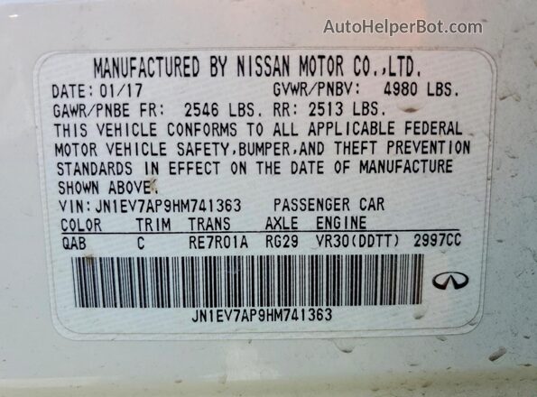 JN1EV7AP9HM741363 2017 INFINITI Q50 Белый Вид наклейки с VIN-кодом