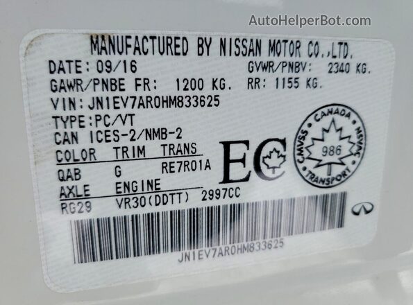 JN1EV7AR0HM833625 2017 INFINITI Q50 White Widok naklejki z numerem VIN