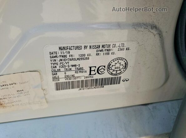 JN1EV7AR0LM255258 2020 INFINITI Q50 White Widok naklejki z numerem VIN