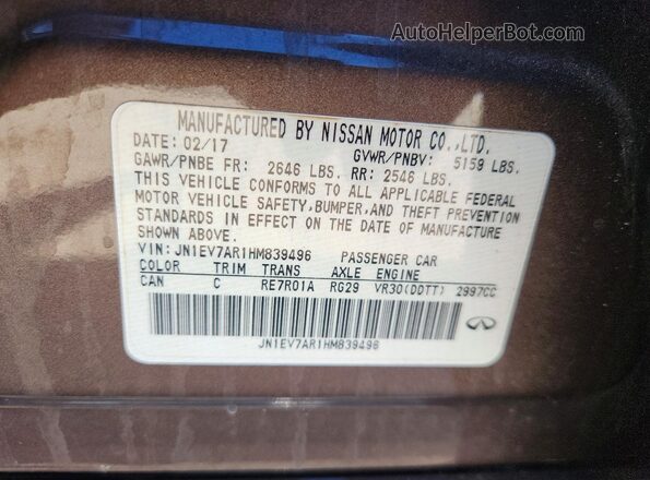 JN1EV7AR1HM839496 2017 INFINITI Q50 Brown VIN կոդի պիտակի տեսք