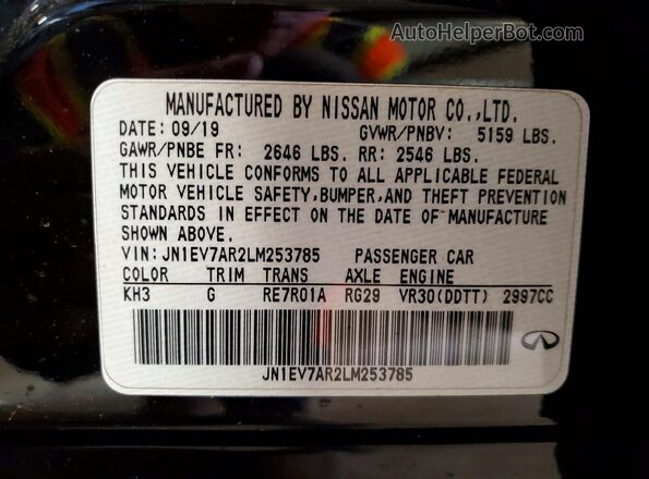 JN1EV7AR2LM253785 2020 INFINITI Q50 Black VIN კოდის სტიკერის ხედი