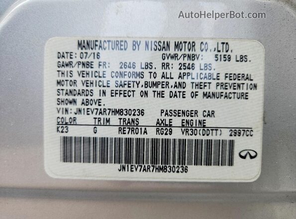 JN1EV7AR7HM830236 2017 INFINITI Q50 Silver Widok naklejki z numerem VIN
