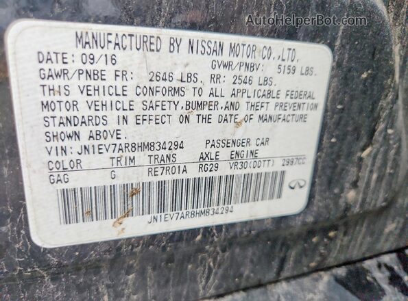JN1EV7AR8HM834294 2017 INFINITI Q50 Black VIN კოდის სტიკერის ხედი