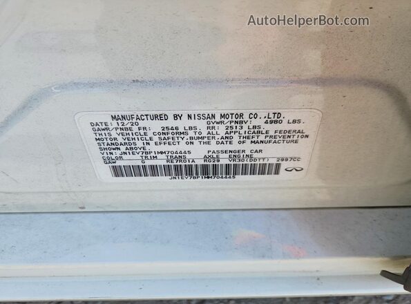 JN1EV7BP1MM704445 2021 INFINITI Q50 White VIN კოდის სტიკერის ხედი