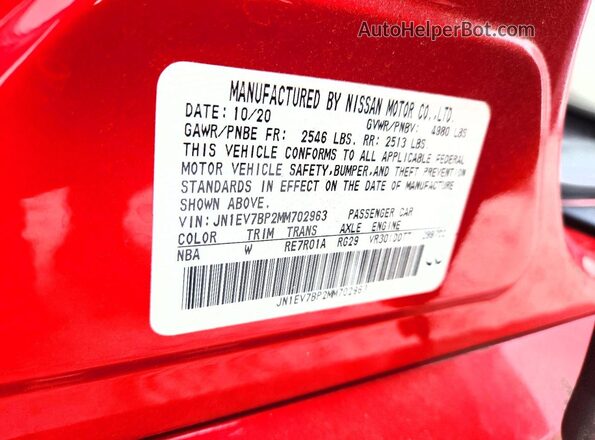 JN1EV7BP2MM702963 2021 INFINITI Q50 Red VIN კოდის სტიკერის ხედი
