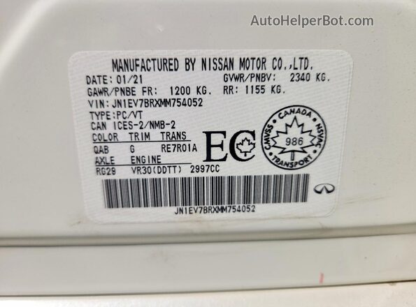 JN1EV7BRXMM754052 2021 INFINITI Q50 White VIN կոդի պիտակի տեսք