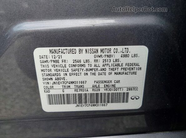 JN1EV7CP4NM311667 2022 INFINITI Q50 Gray Вид наклейки з VIN-кодом