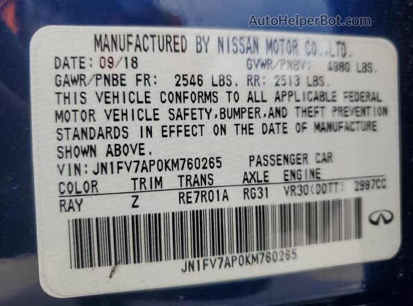 JN1FV7AP0KM760265 2019 INFINITI Q50 Blue VIN կոդի պիտակի տեսք