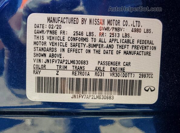 JN1FV7AP2LM630683 2020 INFINITI Q50 Blue Widok komory silnika