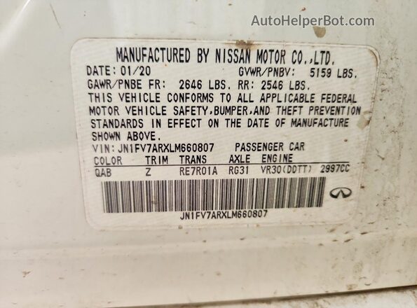 JN1FV7ARXLM660807 2020 INFINITI Q50 White Widok naklejki z numerem VIN